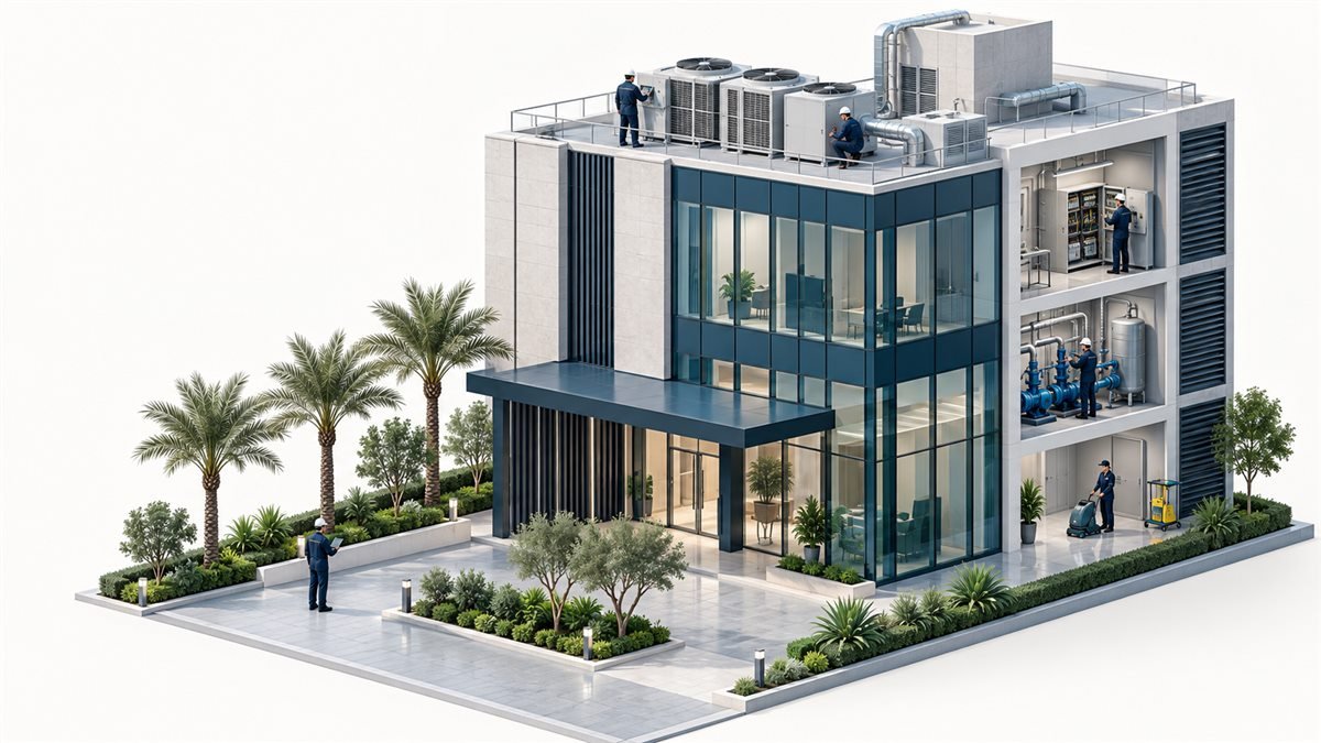 مبنى تجاري حديث تظهر فيه خدمات التكييف والكهرباء والمضخات والنظافة وتنسيق الموقع